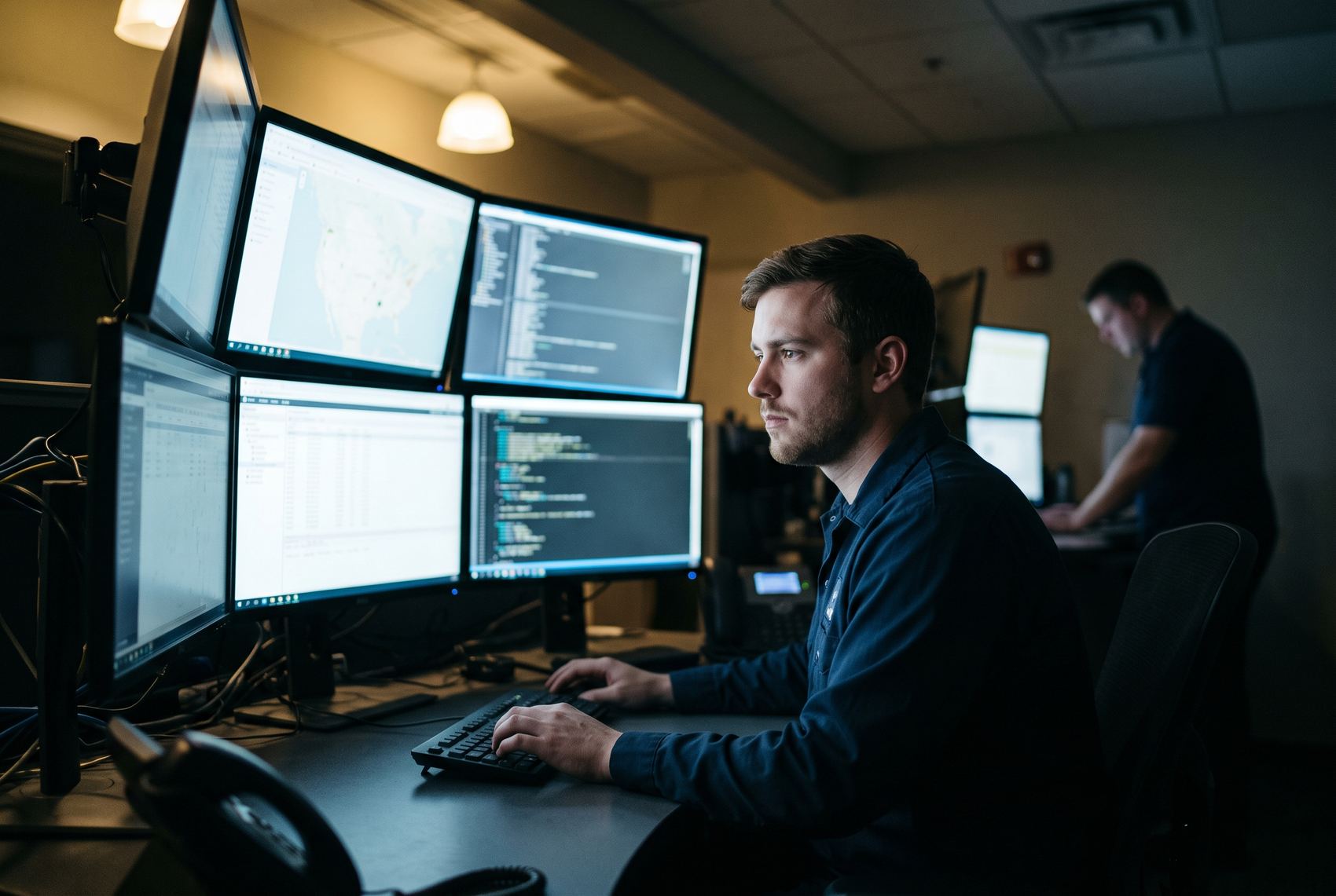 A service delivery technician at a multi-monitor workstation in an operations centre