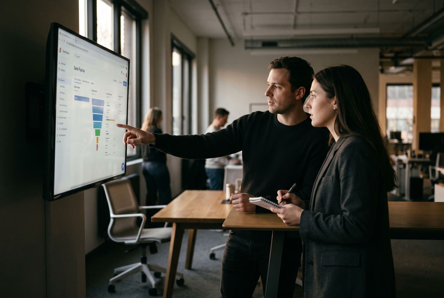 A revenue operations team reviewing pipeline on a wall-mounted screen