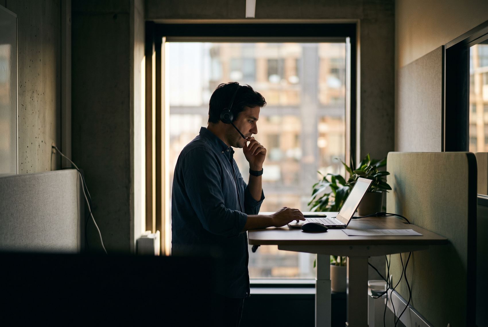 A salesperson working a call at a standing desk in a compact office