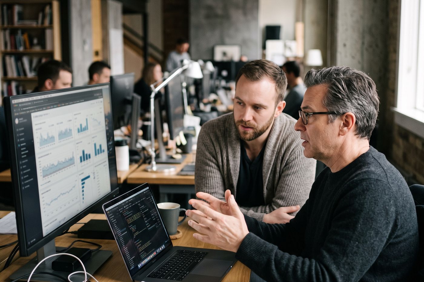 Two operators reviewing agent performance during a working session